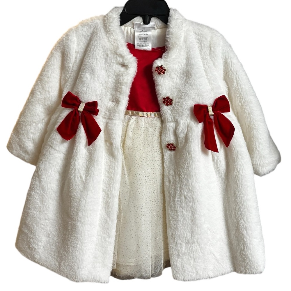 Blueberi Boulevard Baby Girls Red Christmas Holiday Dress & White Fur Coat  2T